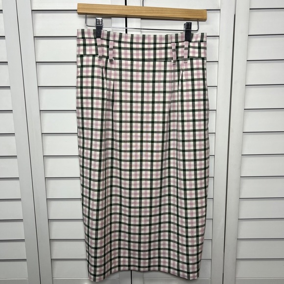 Ann Taylor Plaid Paper Bag Waist Pencil Skirt Women's Size 2 Pink, Green & Cream - Picture 1 of 8